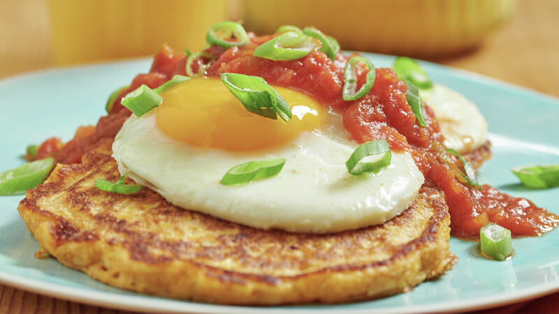 Spring Onion and Corn Pancakes with Fried Eggs