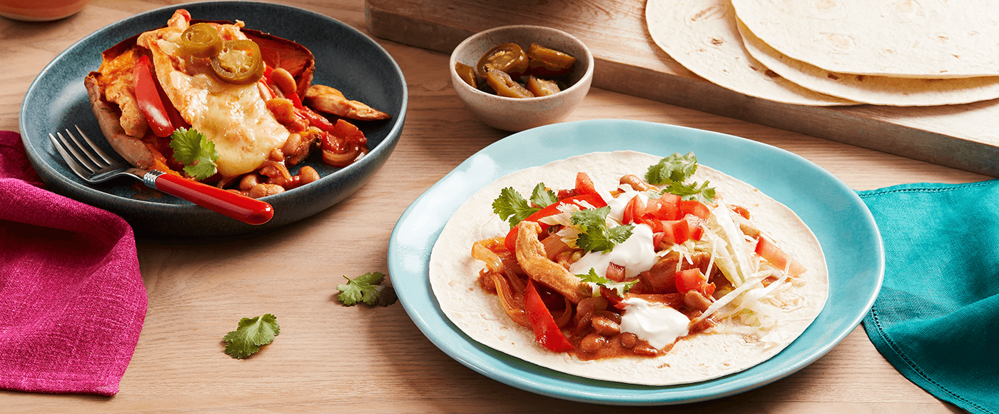 creamy fajitas with sweet potatoes served on blue plate