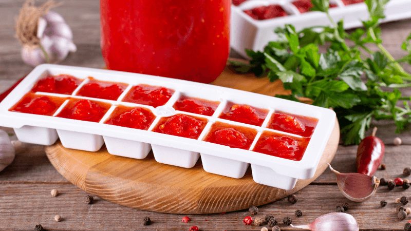 frozen tomato paste cubes in an ice tray placed on wooden plate