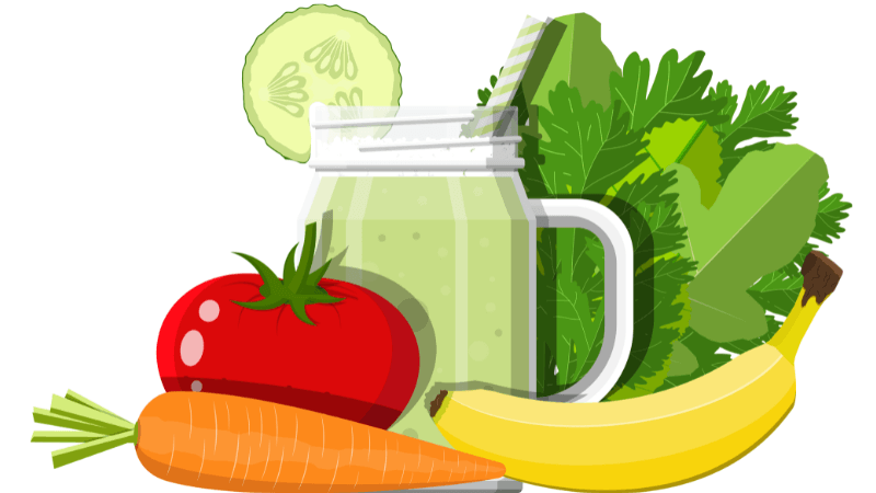 organic vegetables & fruit such as carrots, banana, tomato & smoothie jar graphic image