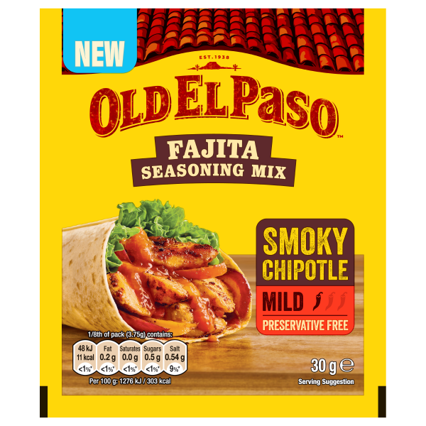 Old El Paso Fajita Seasoning Mix packet, Smoky Chipotle mild, preservative free, 30 g, with chicken fajita wrap