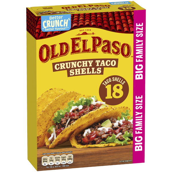 Box of Old El Paso Crunchy Taco Shells, Family Size 18 count.