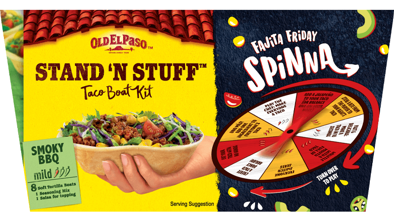 pack of Old El Paso's mild stand n stuff smoky bbq taco kit containing taco boats, seasoning mix & salsa
