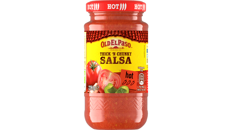 glass jar of Old El Paso's hot thick and chunky salsa (226g)