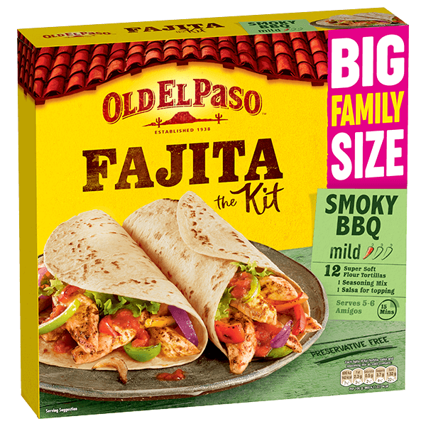 pack of Old El Paso's big family size mild smoky bbq fajita kit containing 12 soft tortillas, seasoning mix & salsa (750g)