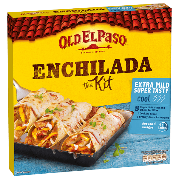 pack of Old El Paso's extra mild super tasty Enchilada kit containing super soft corn & wheat tortillas, cooking sauce & creamy sauce (585g)