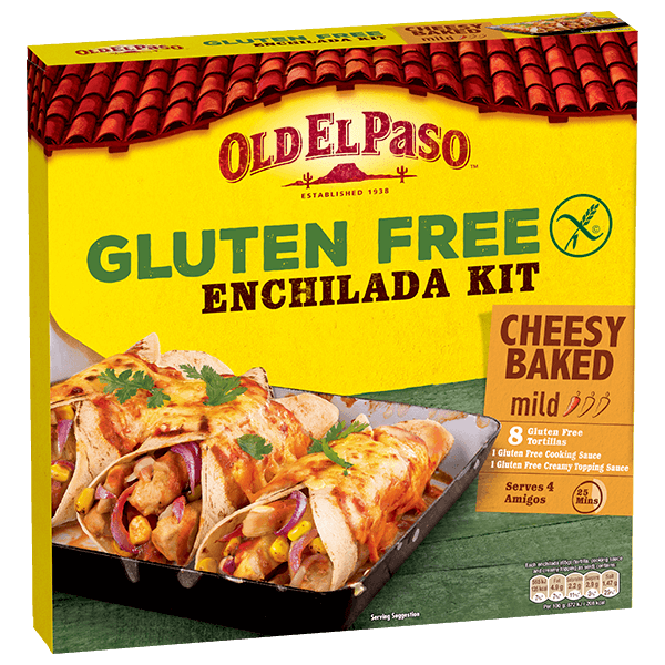 pack of Old El Paso's Gluten free cheesy baked enchilada kit containing tortillas, psice mix & creamy sauce (518g)