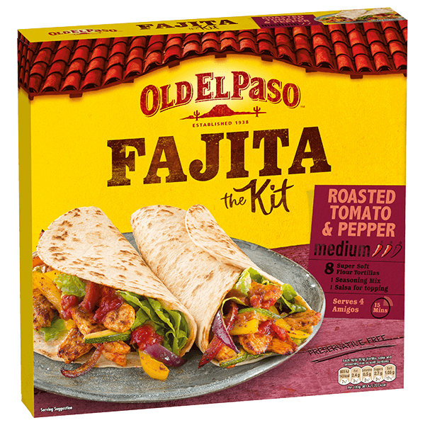 pack of Old El Paso's roasted tomato and pepper fajita kit containing tortillas, spice mix and salsa (500g)