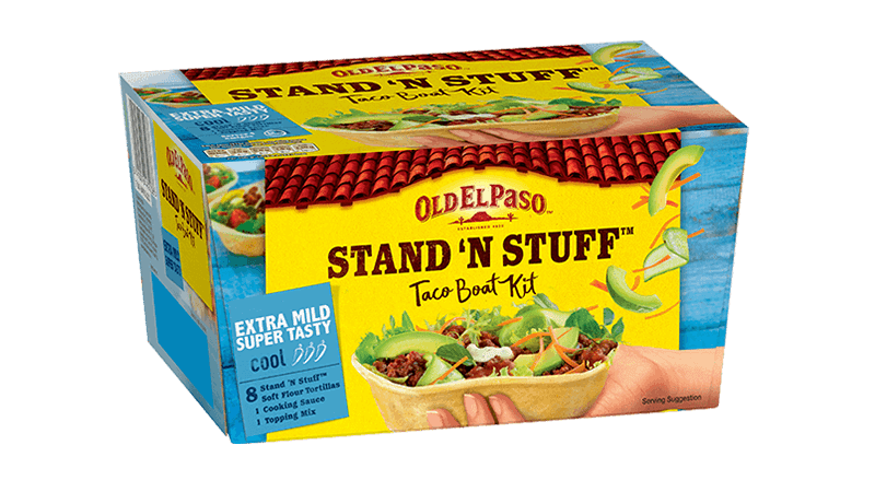 pack of Old El Paso's extra mild super tasty Stand N Stuff taco boat kit (329g)