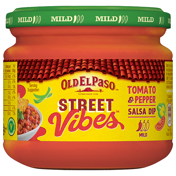 a jar of Old El Paso street vibes tomato paper salsa dip, 335g
