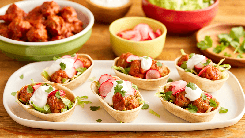 Slow Cooker Mini Chilli Meatballs in Mini Tortilla Boats